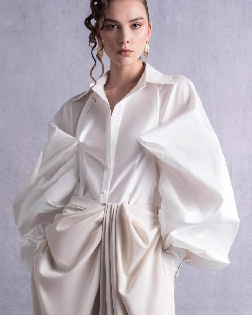 Cinched Waist Puff Sleeves Blouse 