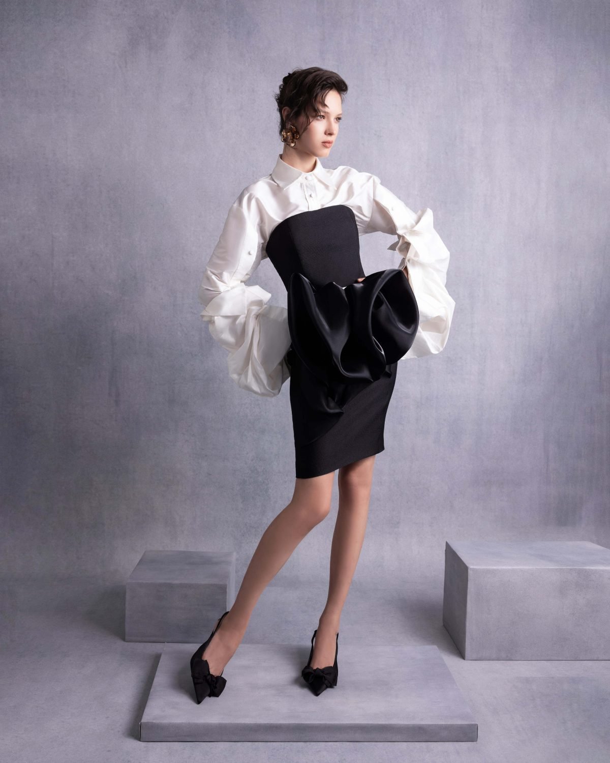 Exaggerated Sleeves Off-White Taffeta Blouse