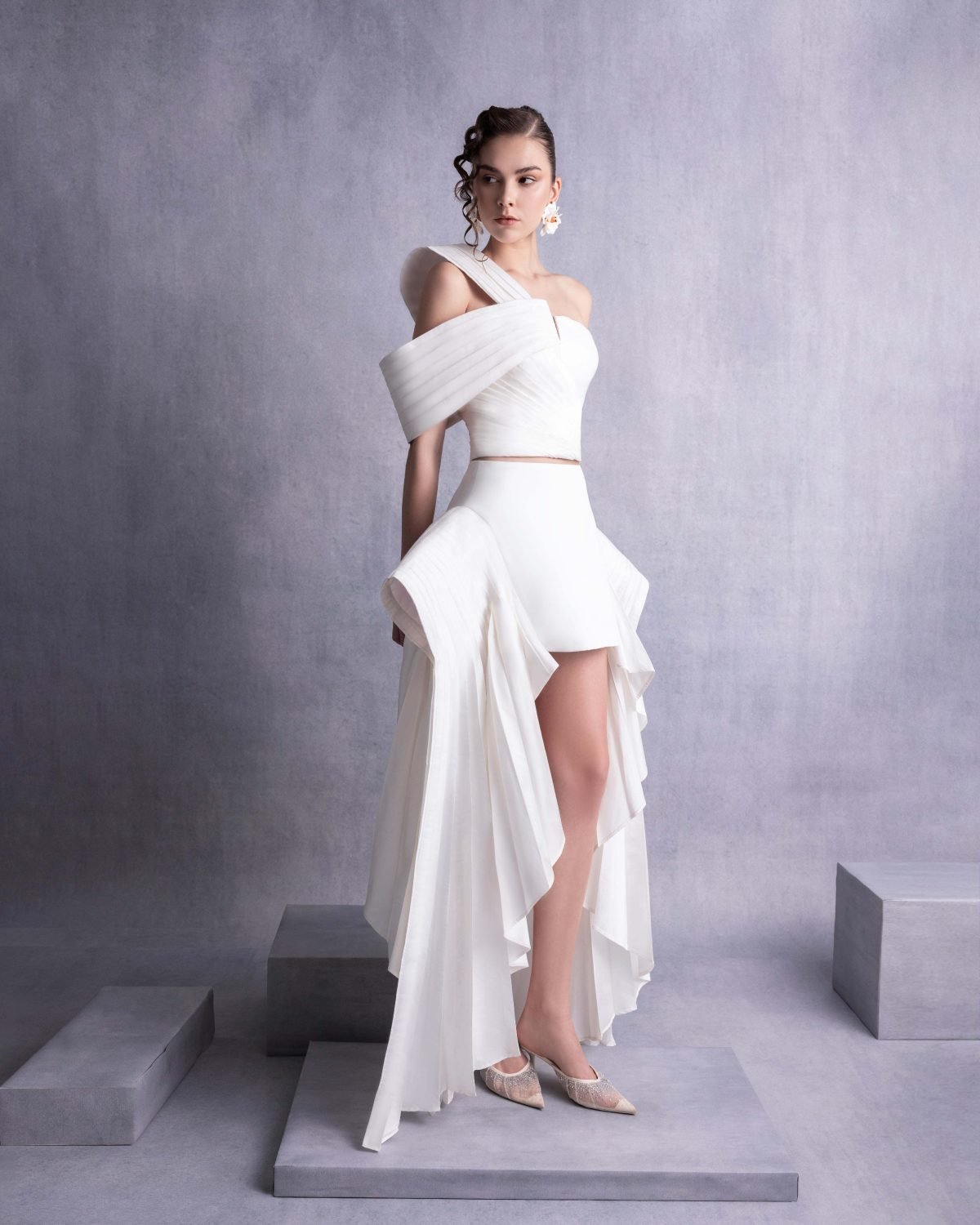 Sculptural Pleated Off-Shoulder Asymmetric Taffeta Top with