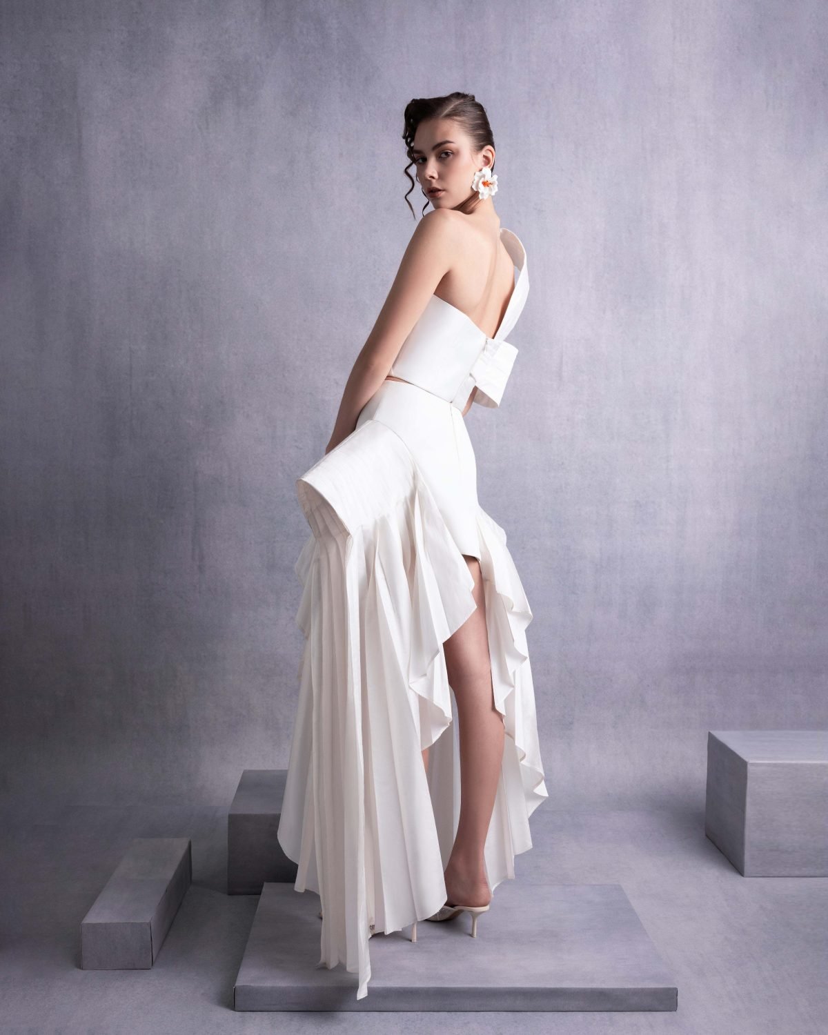 Sculptural Pleated Off-Shoulder Asymmetric Taffeta Top with