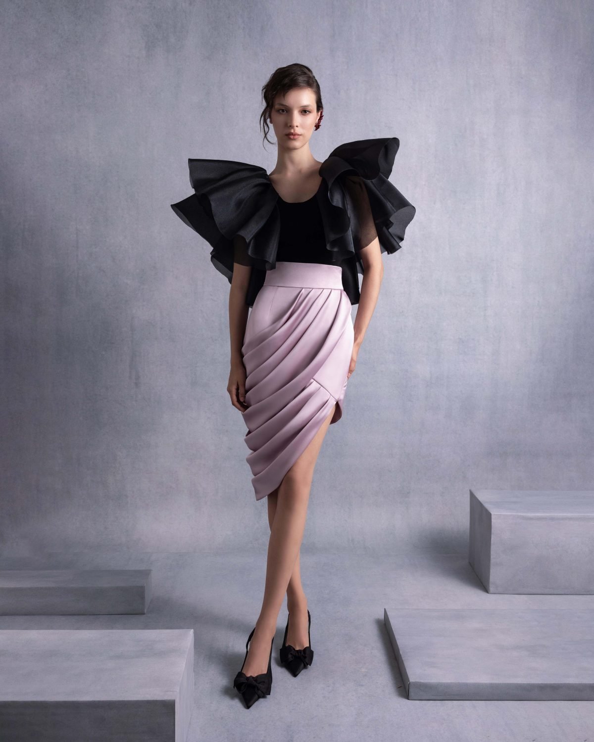 Exaggerated Shoulders Black Layered Organza Ruffle Top