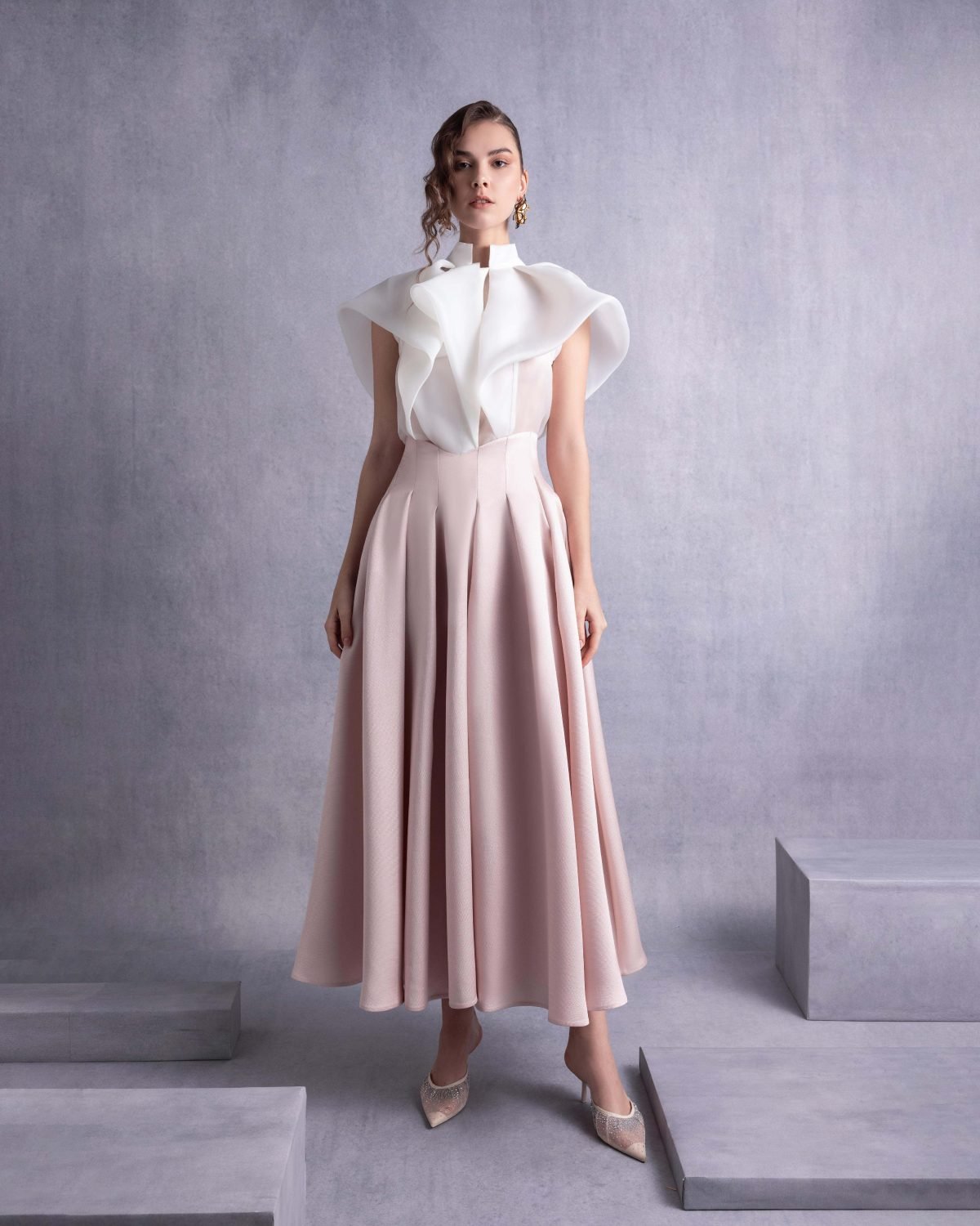 High Neck Cascading Off-White Organza Blouse
