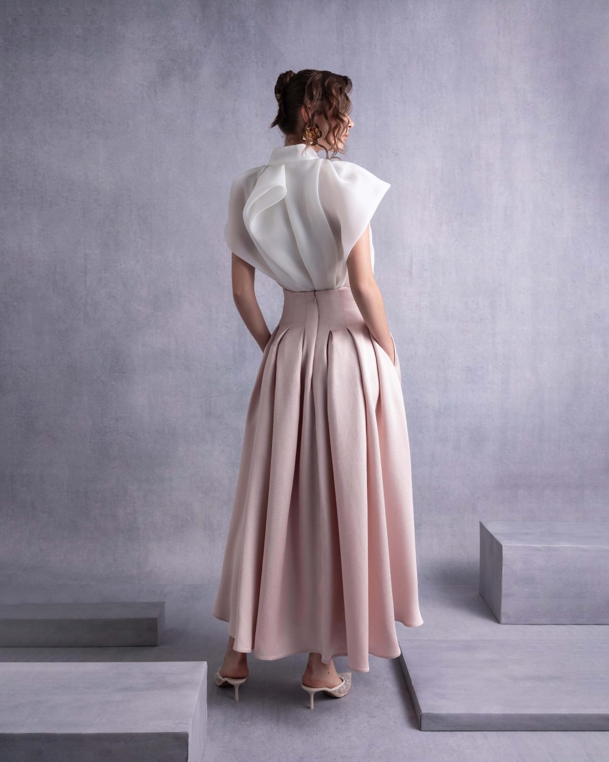 High Neck Cascading Off-White Organza Blouse