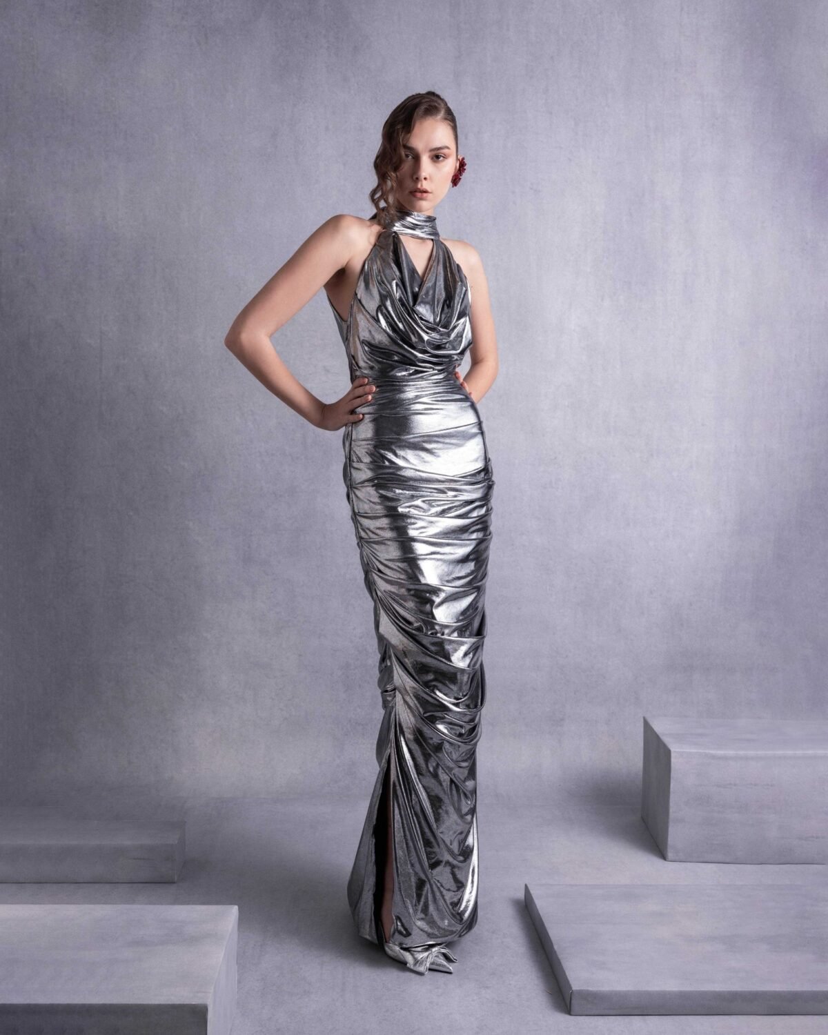 Glamorous Silver Metallic Halter Neck Dress