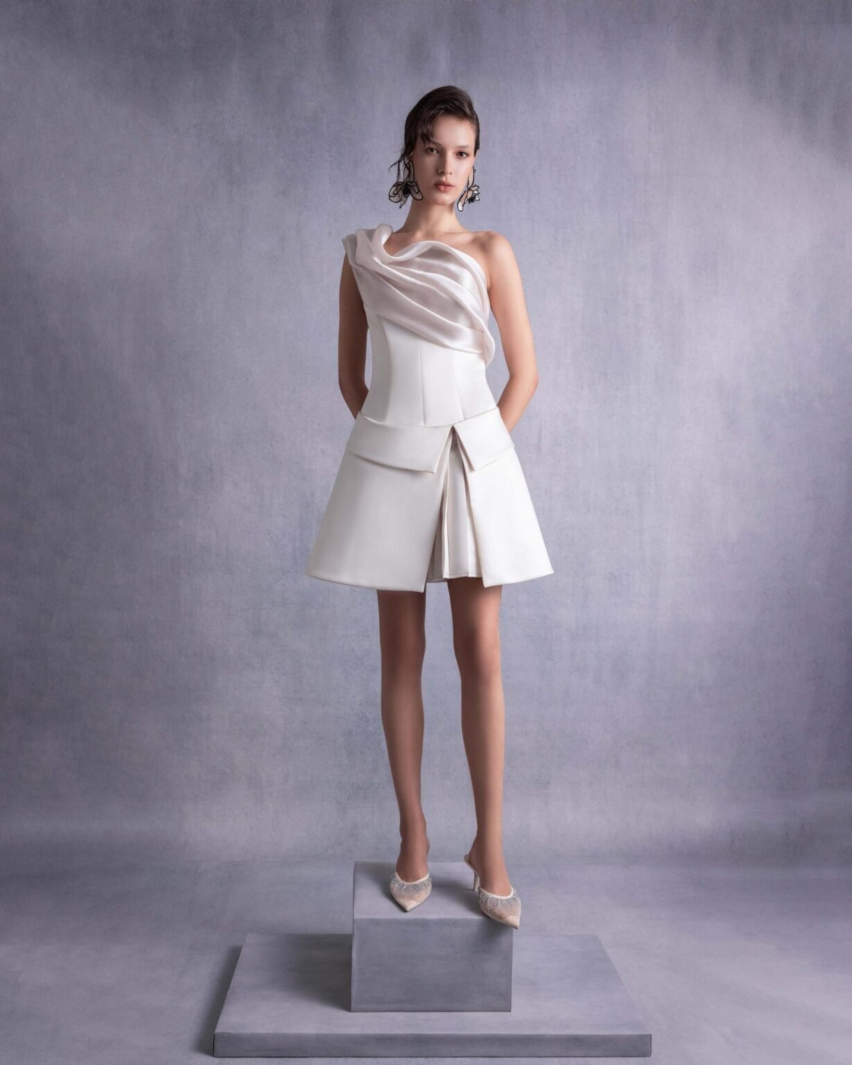Ivory Razmir Short Dress, Draped Organza Shoulder