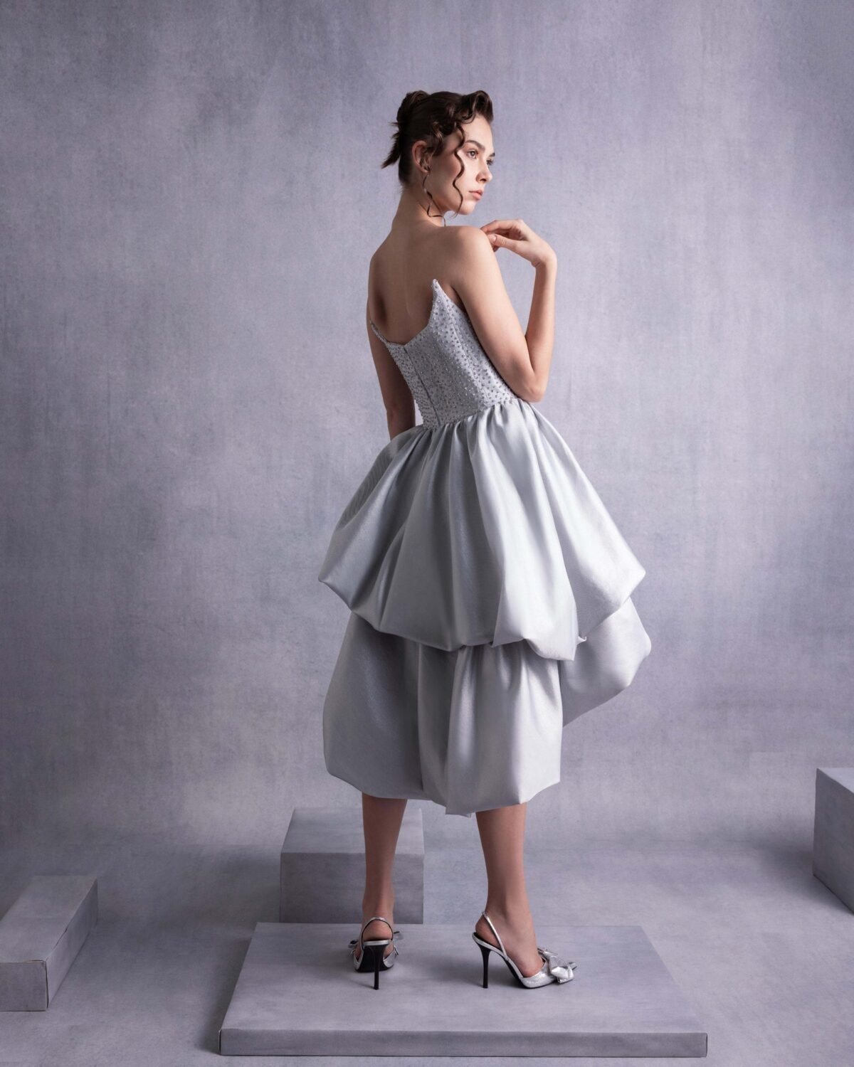 Silver Embroidered Angled Bust Mikado Piqué Dress