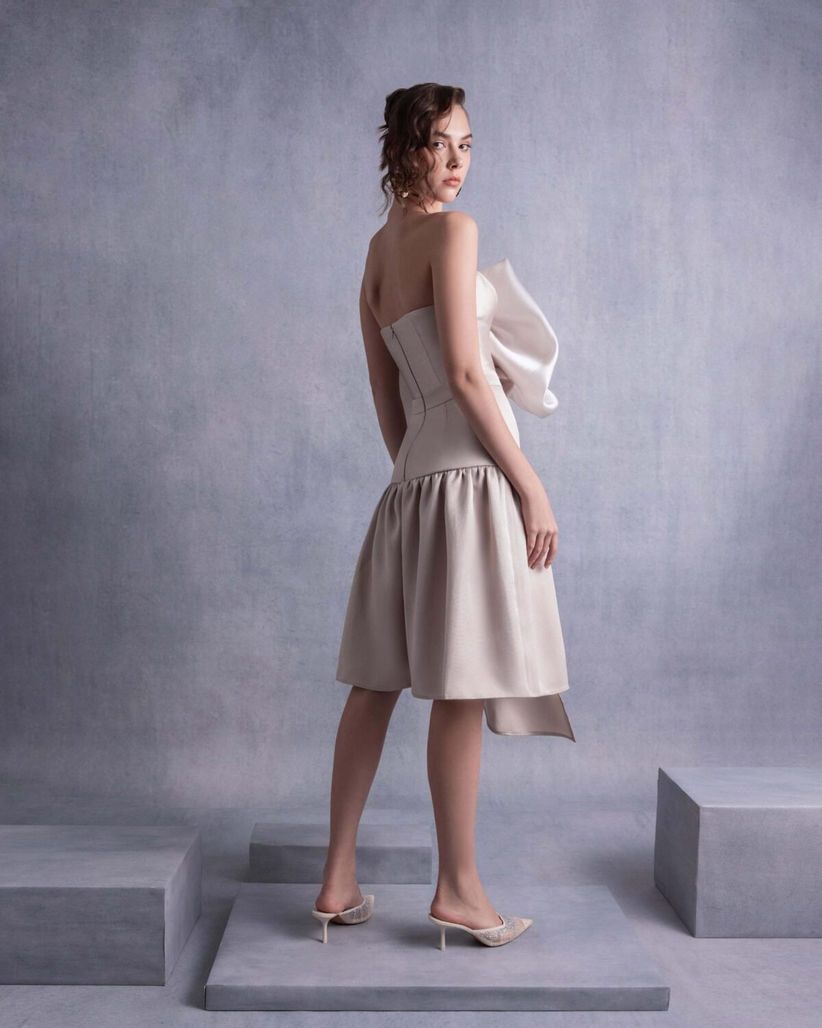Gold Champagne Piqué Dress with Organza Bust and Crystal Embellishments