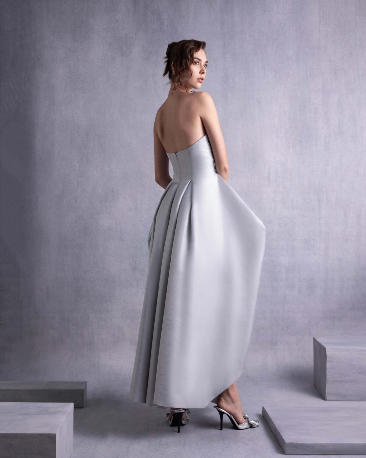 Elegant Silver Mikado Piqué Strapless Dress