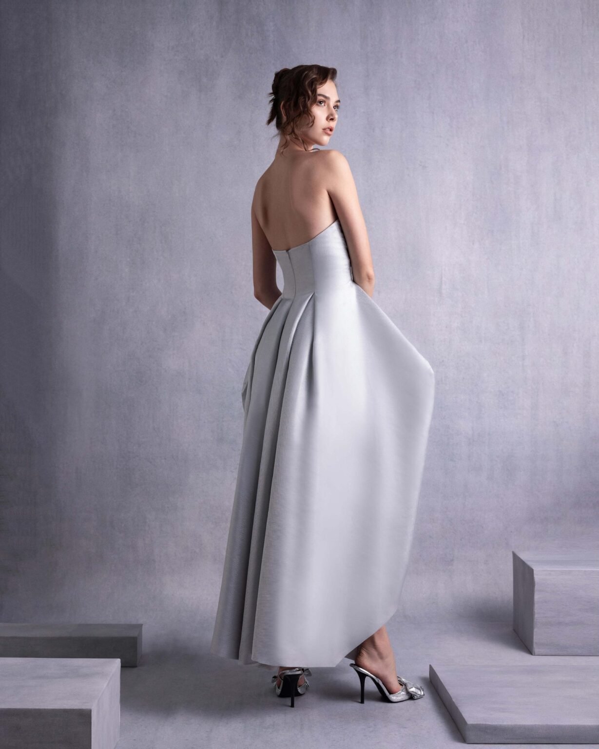 Elegant Silver Mikado Piqué Strapless Dress