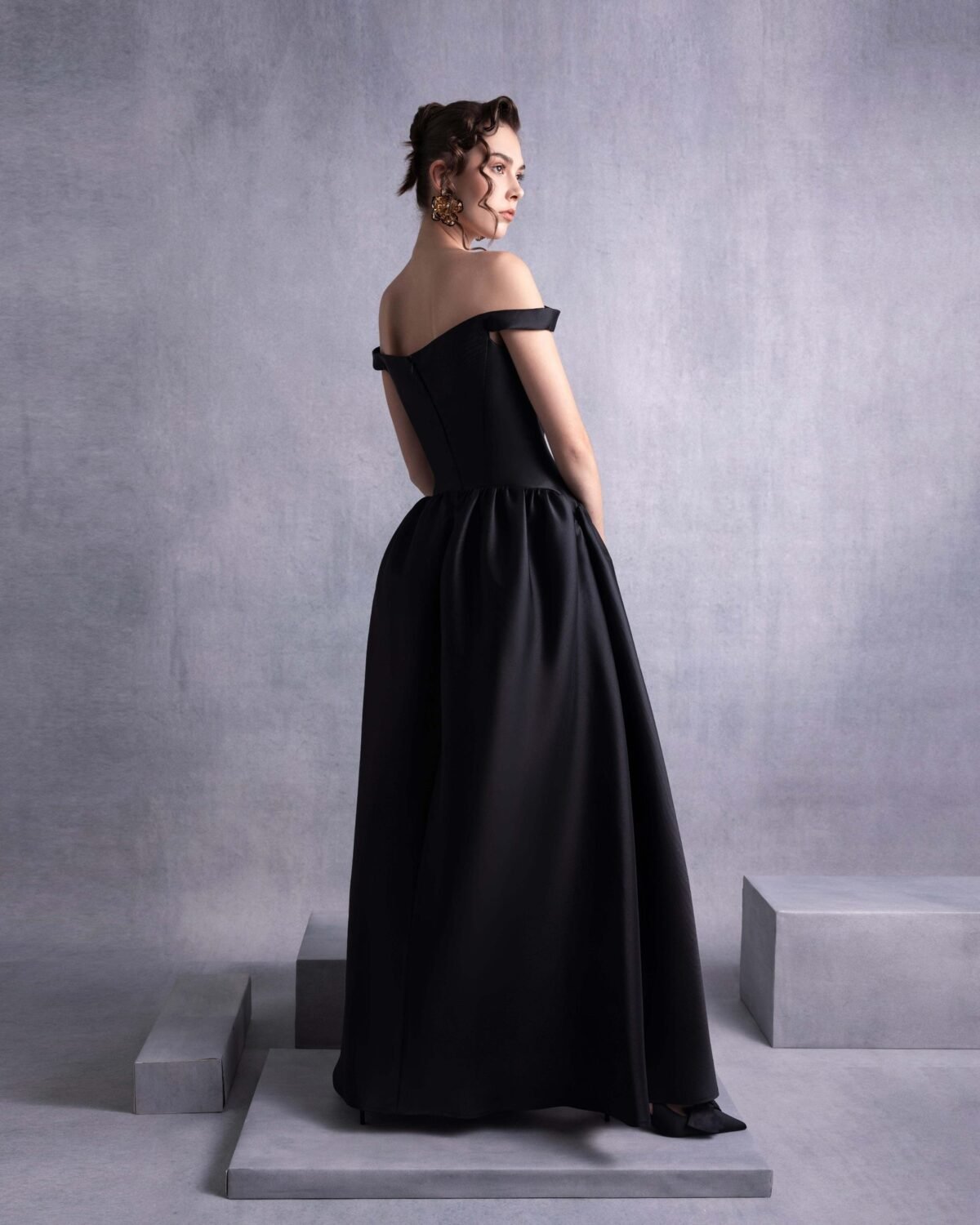 Elegant Thin Off-Shoulder Black Mikado Piqué Dress
