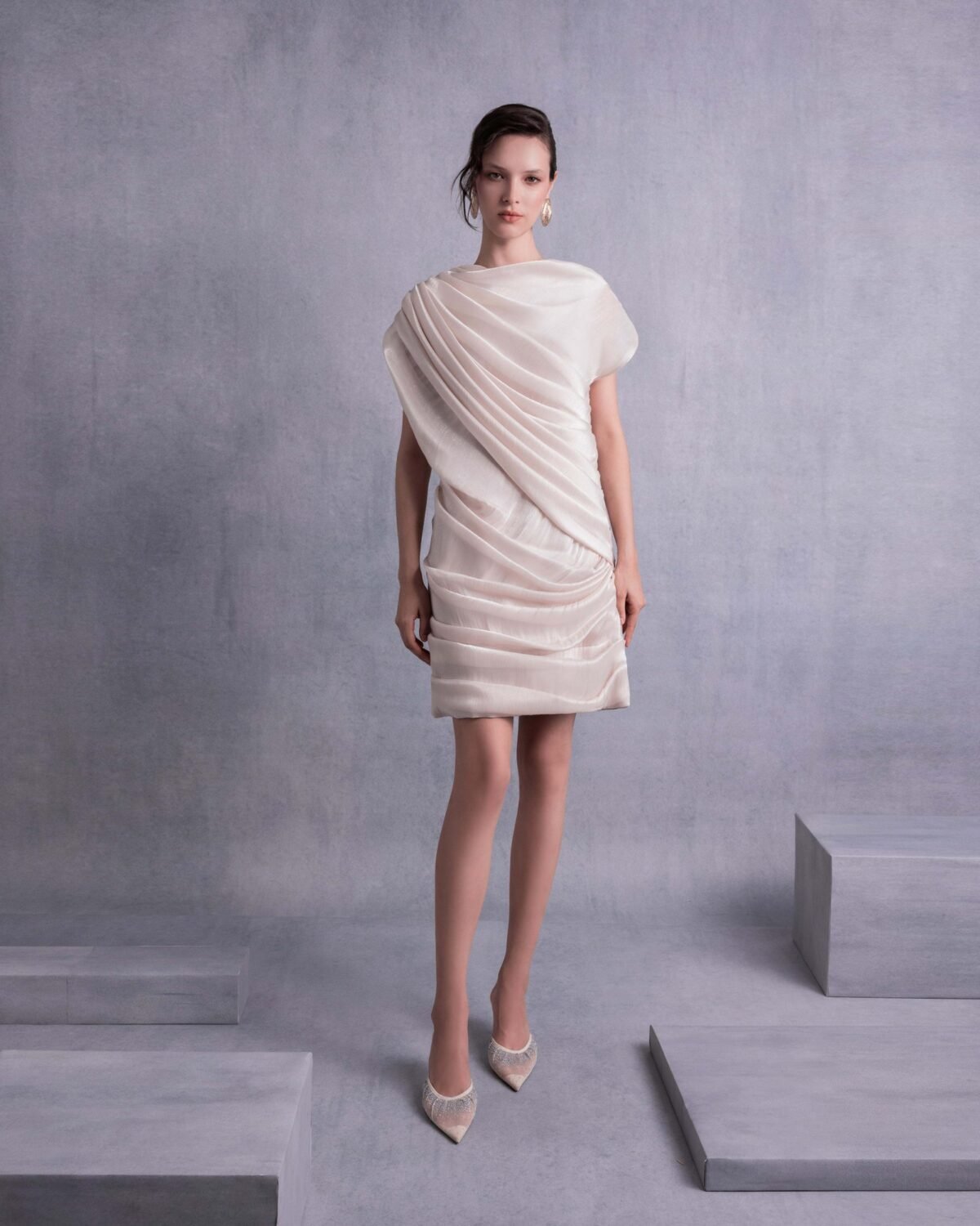 Draped Open Back Lamé Georgette Dress