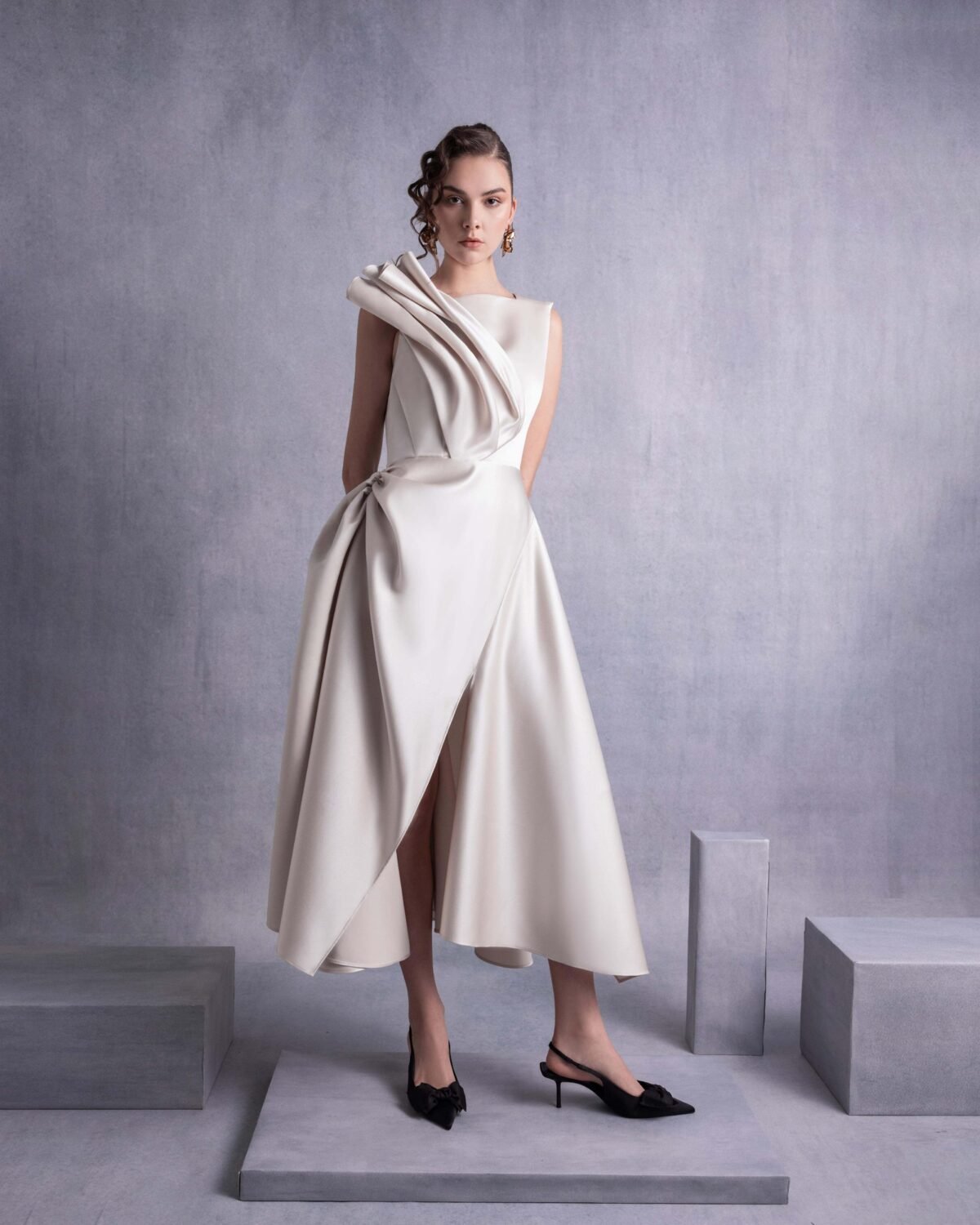 Gold Razmir Dress with Draped Shoulder and High Slit