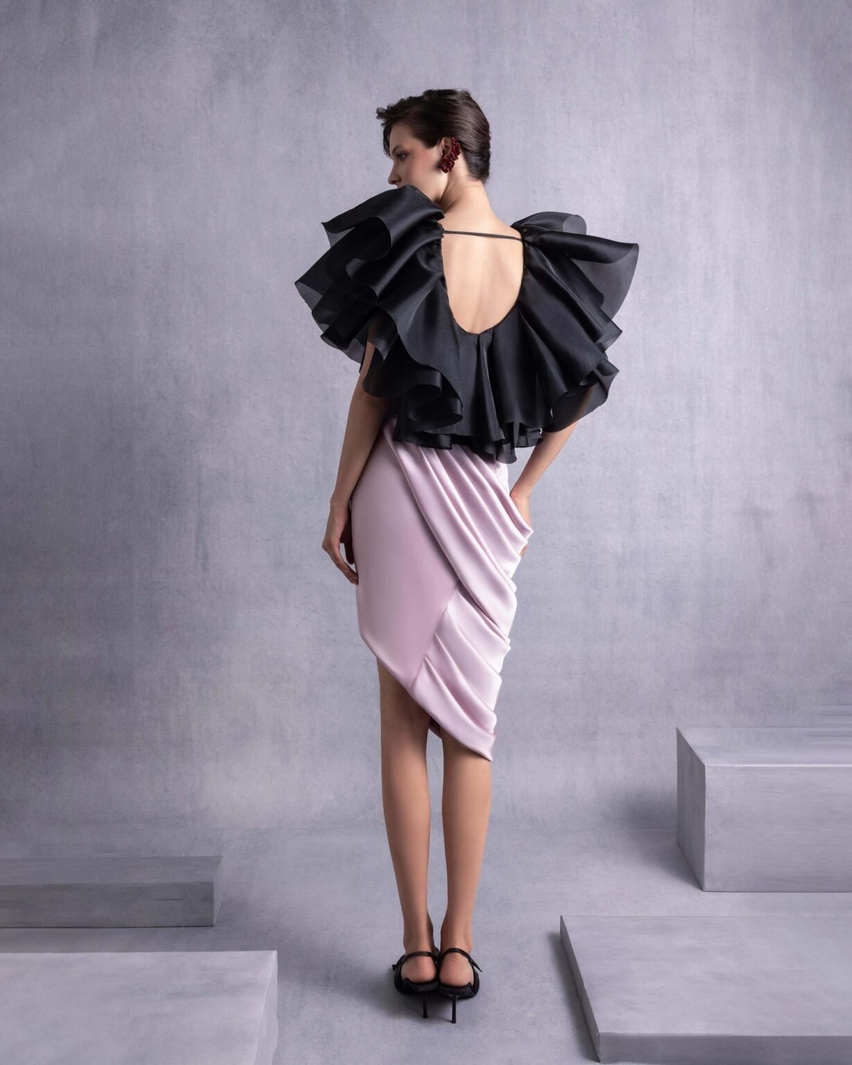 Exaggerated Shoulders Black Layered Organza Ruffle Top
