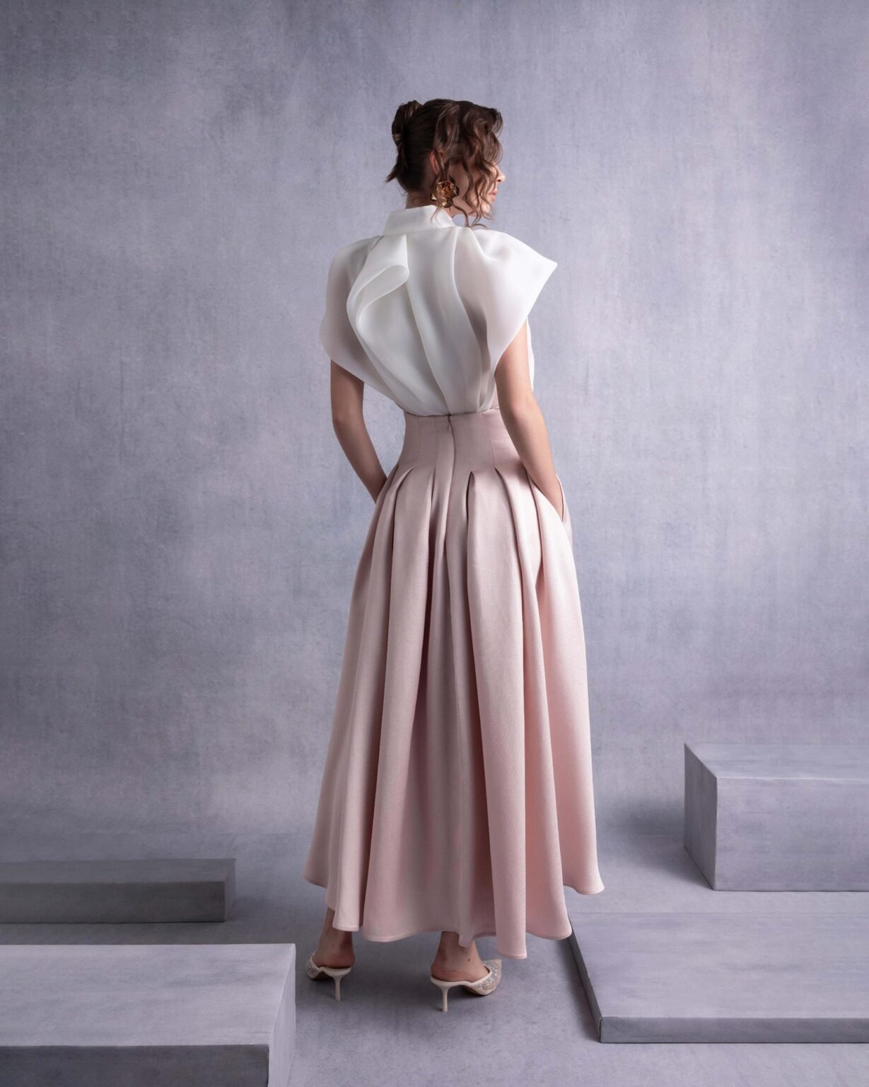 High Neck Cascading Off-White Organza Blouse