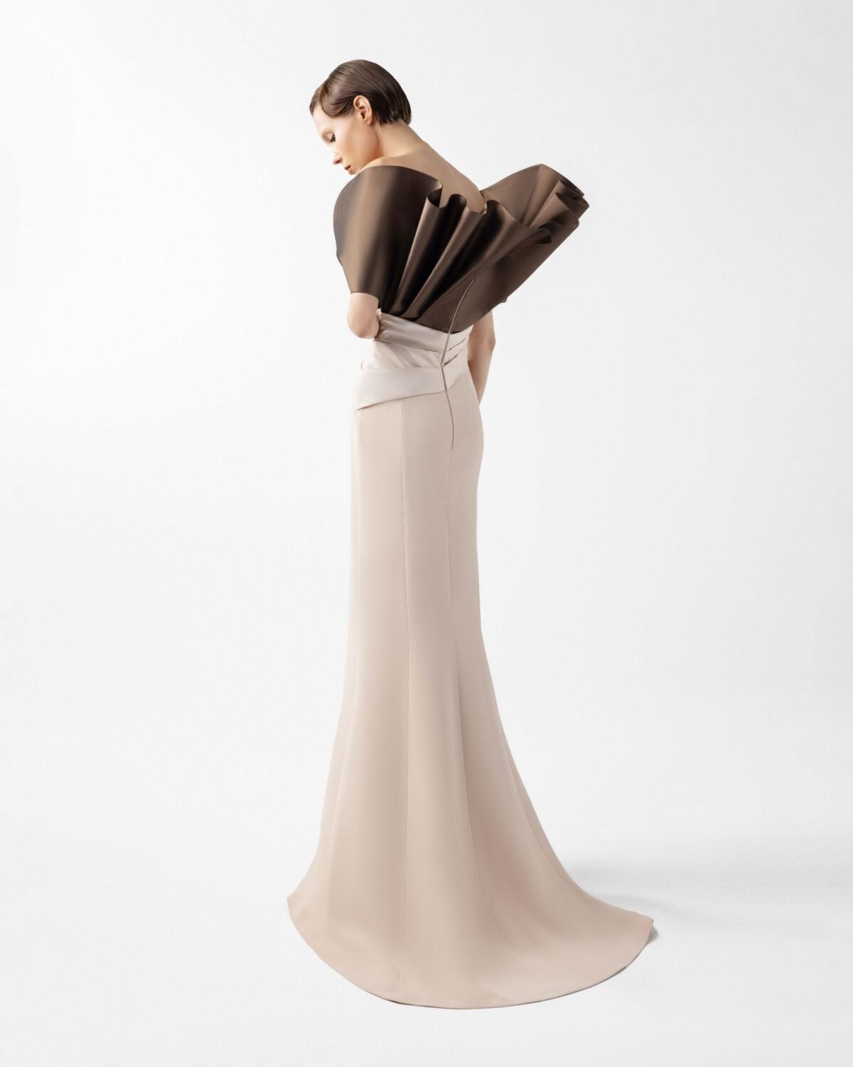 Two-Tone Draped Gown with Sculptural Bodice in Chocolate and Nude