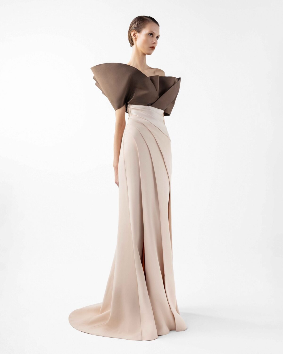 Two-Tone Draped Gown with Sculptural Bodice in Chocolate and Nude