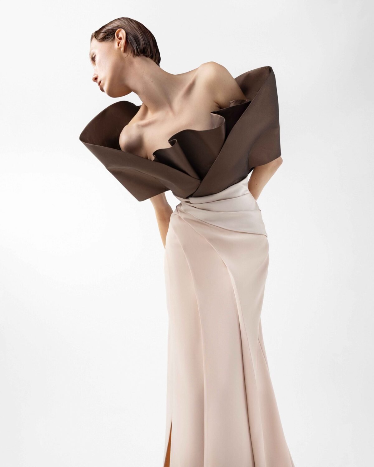 Two-Tone Draped Gown with Sculptural Bodice in Chocolate and Nude