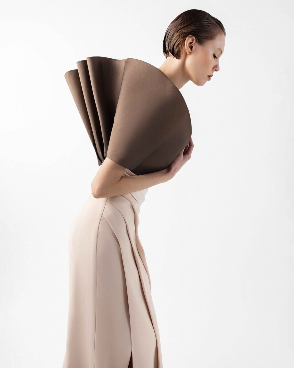 Two-Tone Draped Gown with Sculptural Bodice in Chocolate and Nude