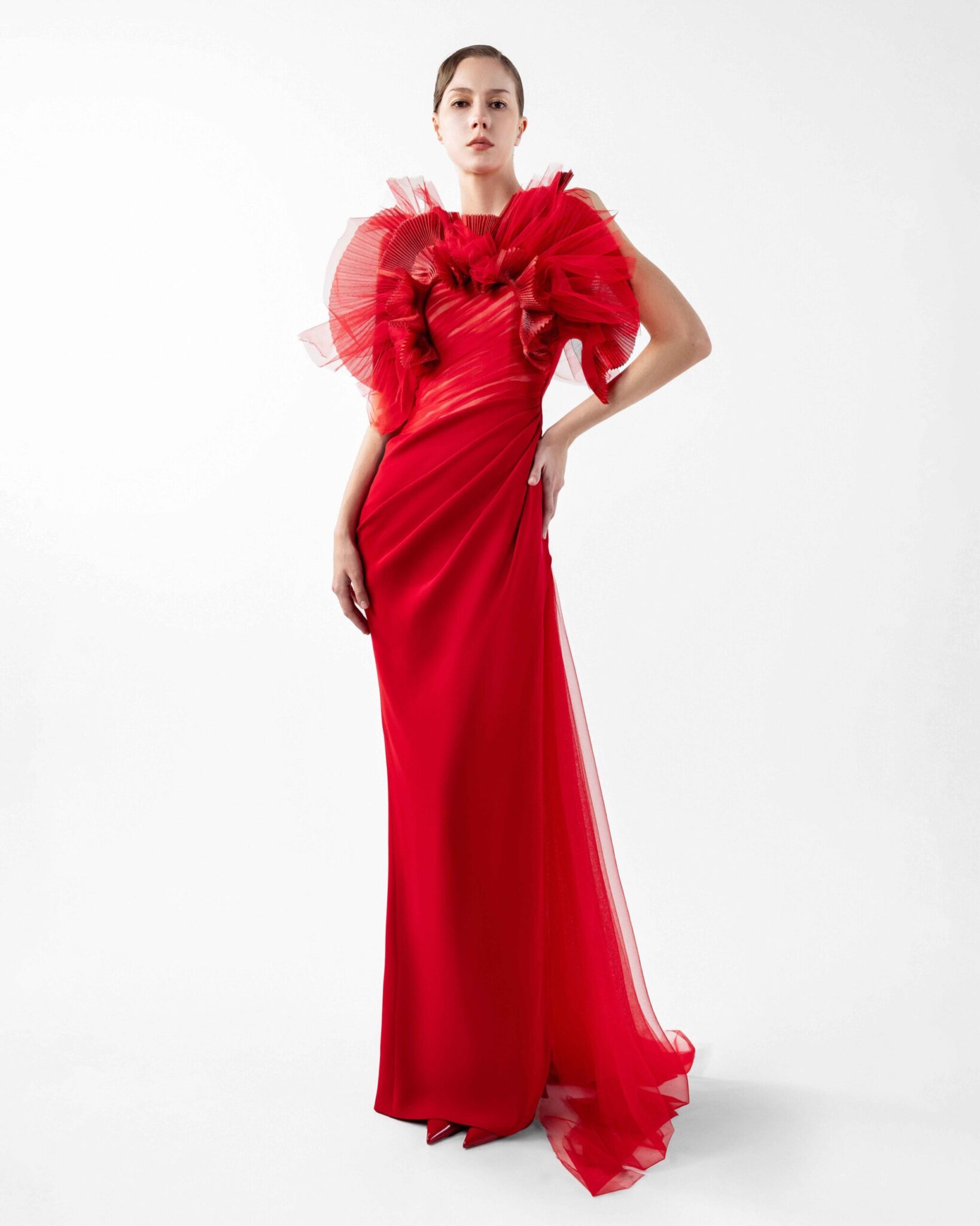 Crimson Whisper Red Crepe and Ethereal Tulle Evening Gown