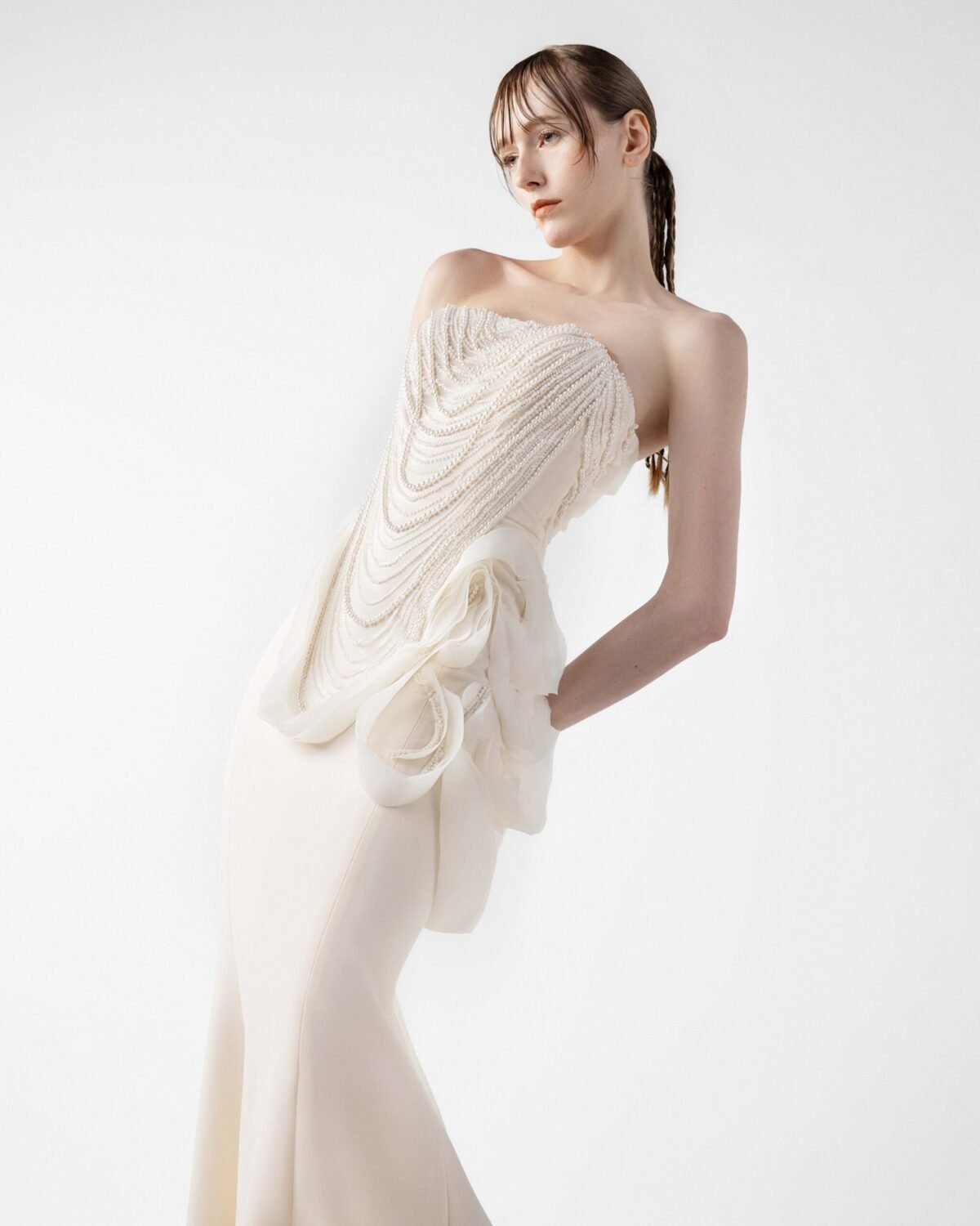 Iridescent Pearl Mermaid Gown with Petal Accents