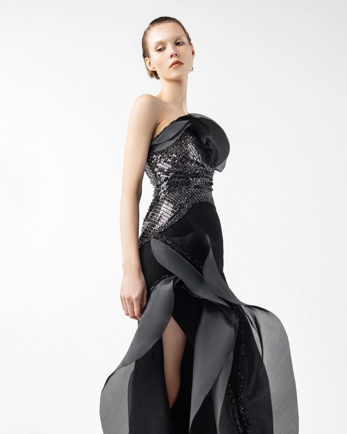Sculpted Black Mirage Dress with Floating Layers