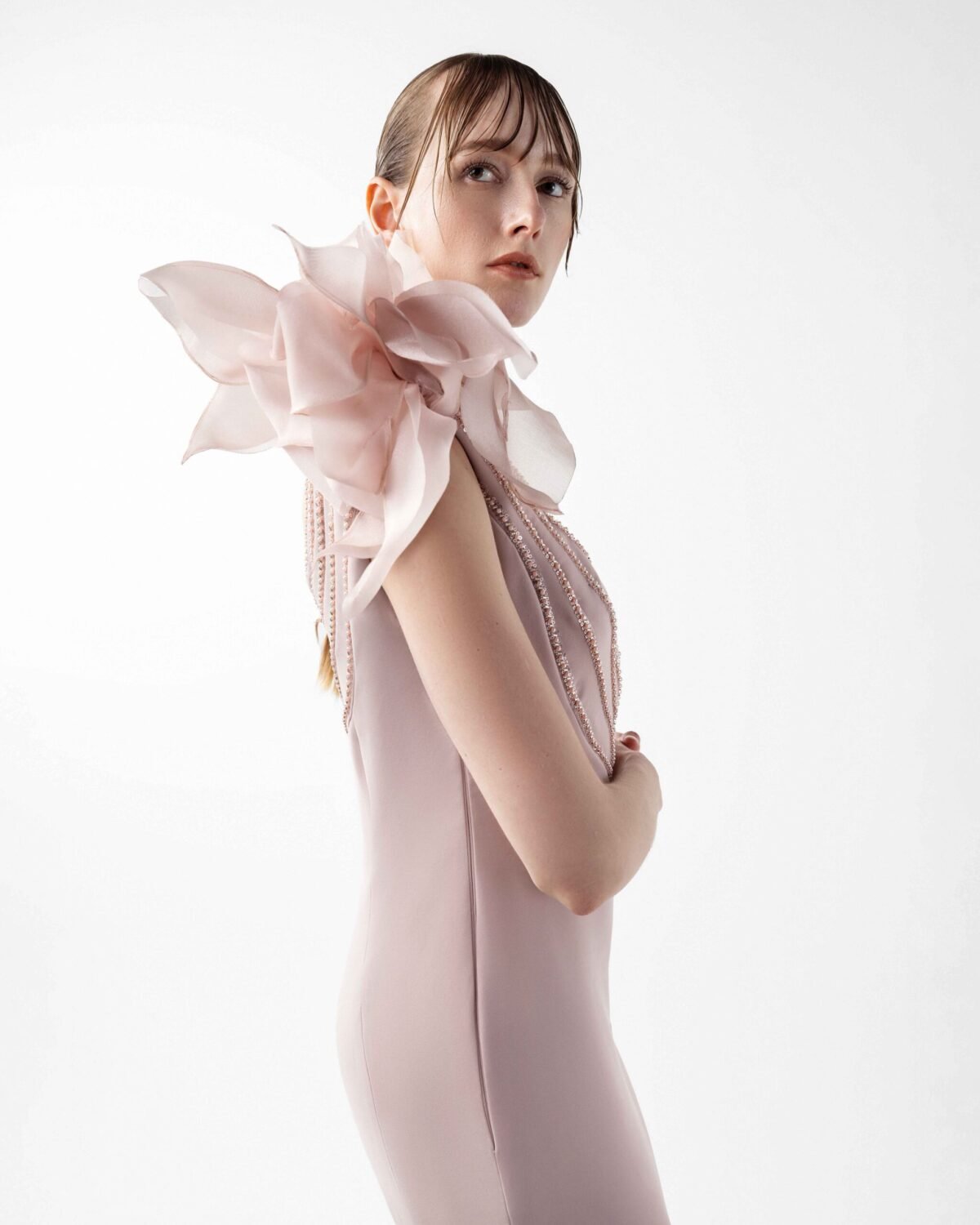 Rosé Petal Cascading Beaded Floral Gown