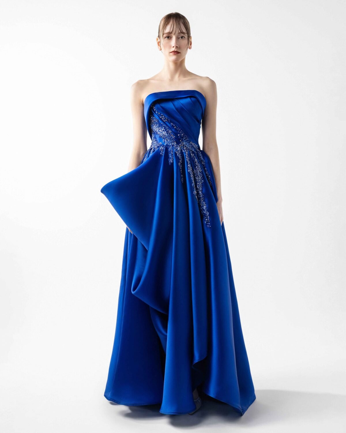 Voluminous Beaded Royal Blue Organza Evening Dress
