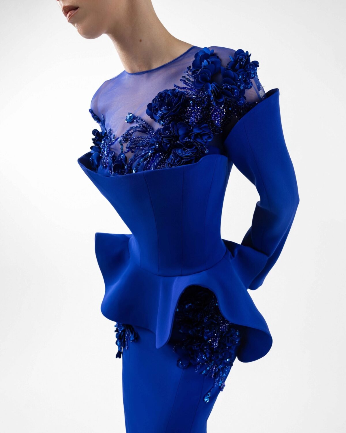 Enchanted Peplum Royal Blue Mermaid Gown with Embroidery