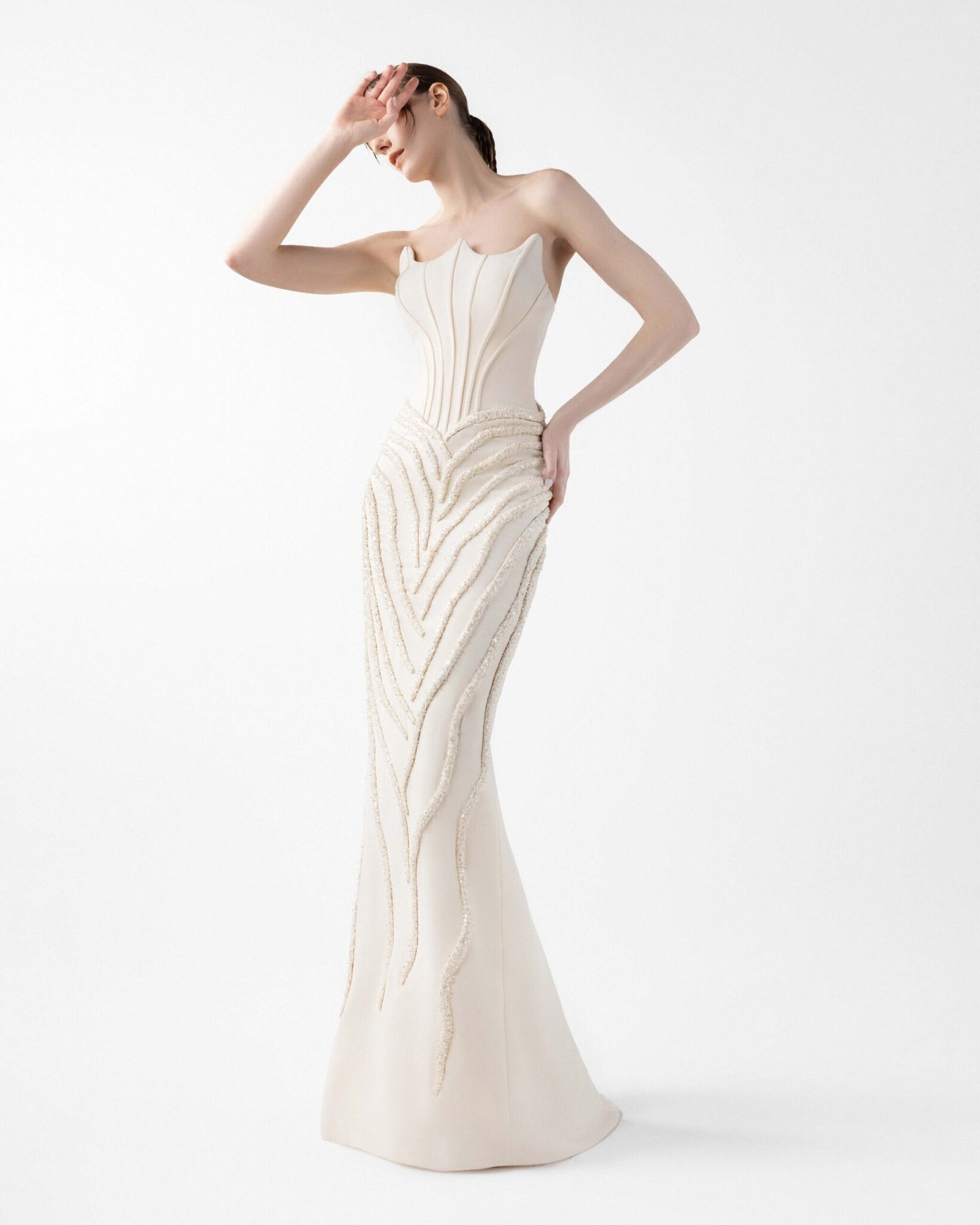 Cream Corset Crepe Gown With Ribbed Vein Beading