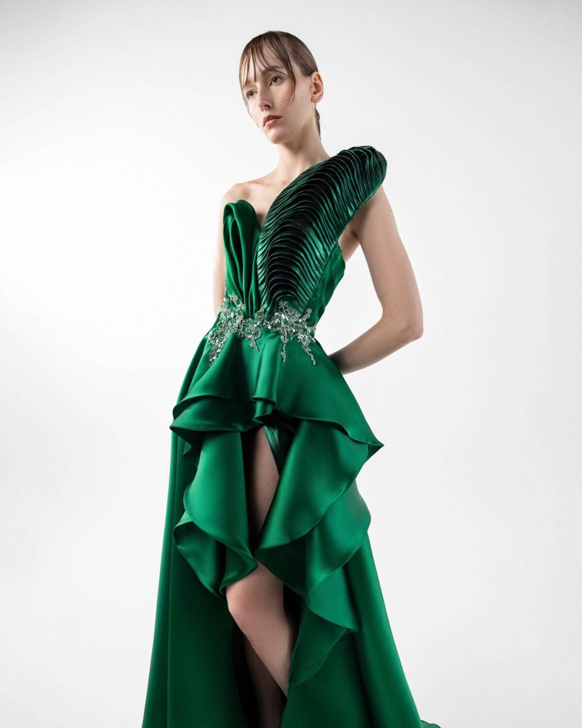 Pleated Metallic One-Shoulder Emerald Green Organza Beaded Gown