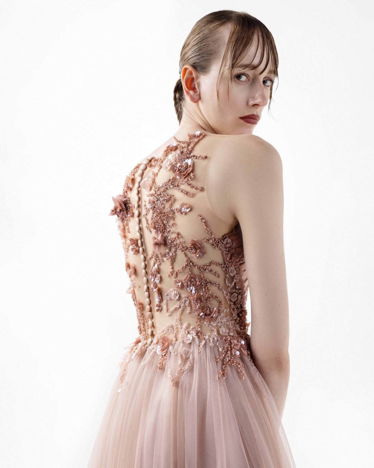 Blush Sheer Tulle Skirt Illusion Gown with Cascading Floral Embroidery