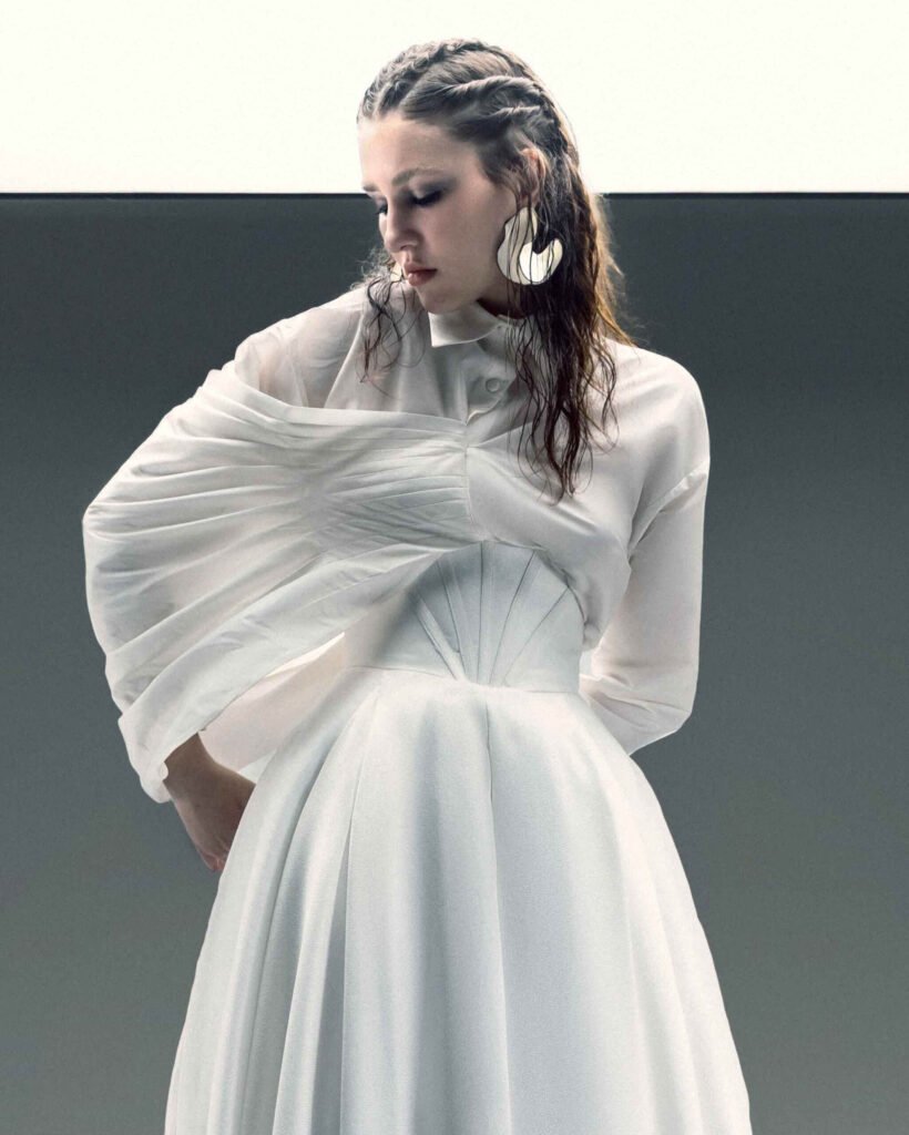 White Draped Taffeta Blouse with Front-to-Back Train Detail 