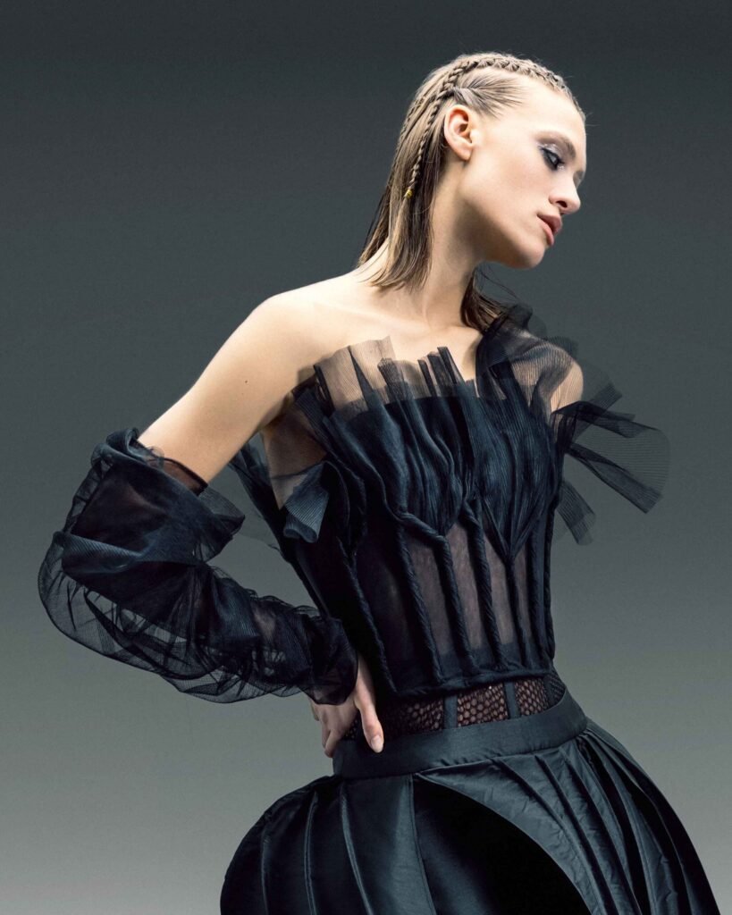 Sheer Corset Top with Plissé Ruffle and Tulle Sleeves 
