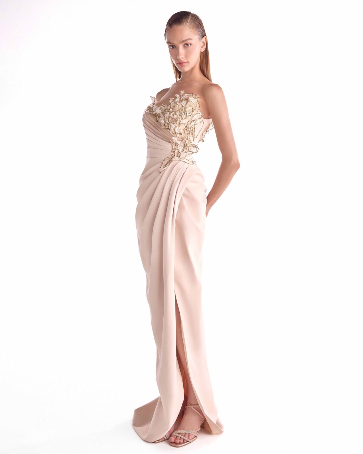 Golden Floral Embellishment Bloom, Nude Draped Gown