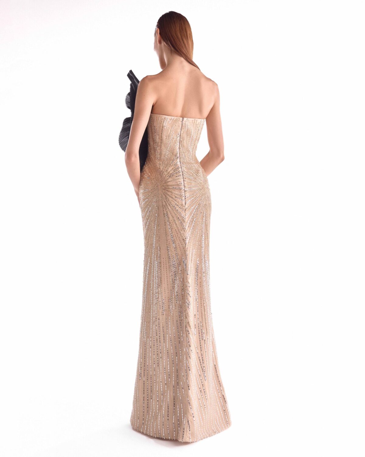 Sunburst Embellished Golden Gown, Oversized Black Bloom Detail