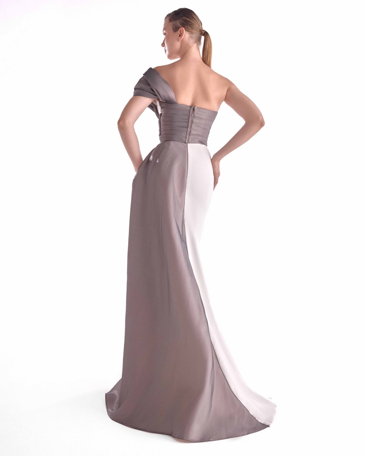 One-Shoulder Mixed Media Gown in Off-White and Anthracite