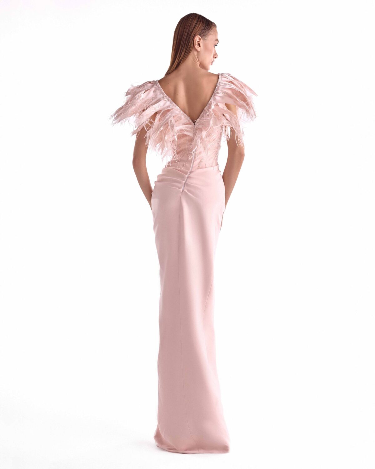 Sultry Salmon Pink Embellished Gown with Gathered Slit Skirt