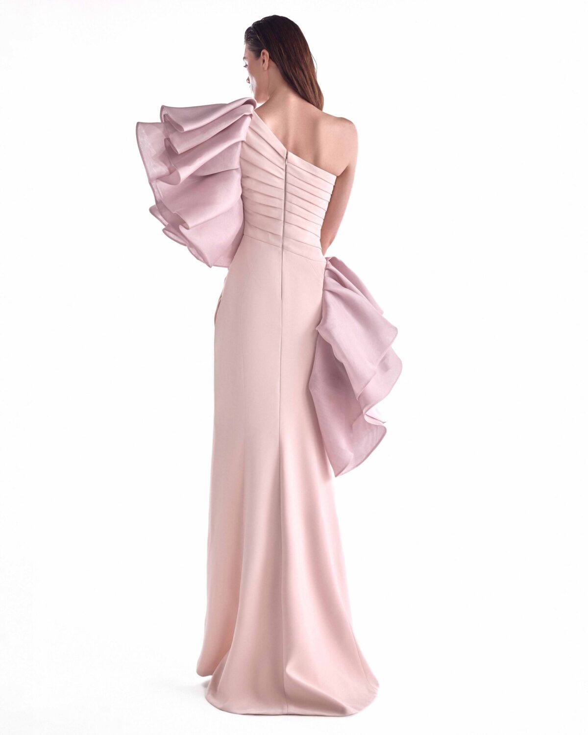 Salmon Pink Crepe Gown with Sculptural Organza Flourishes