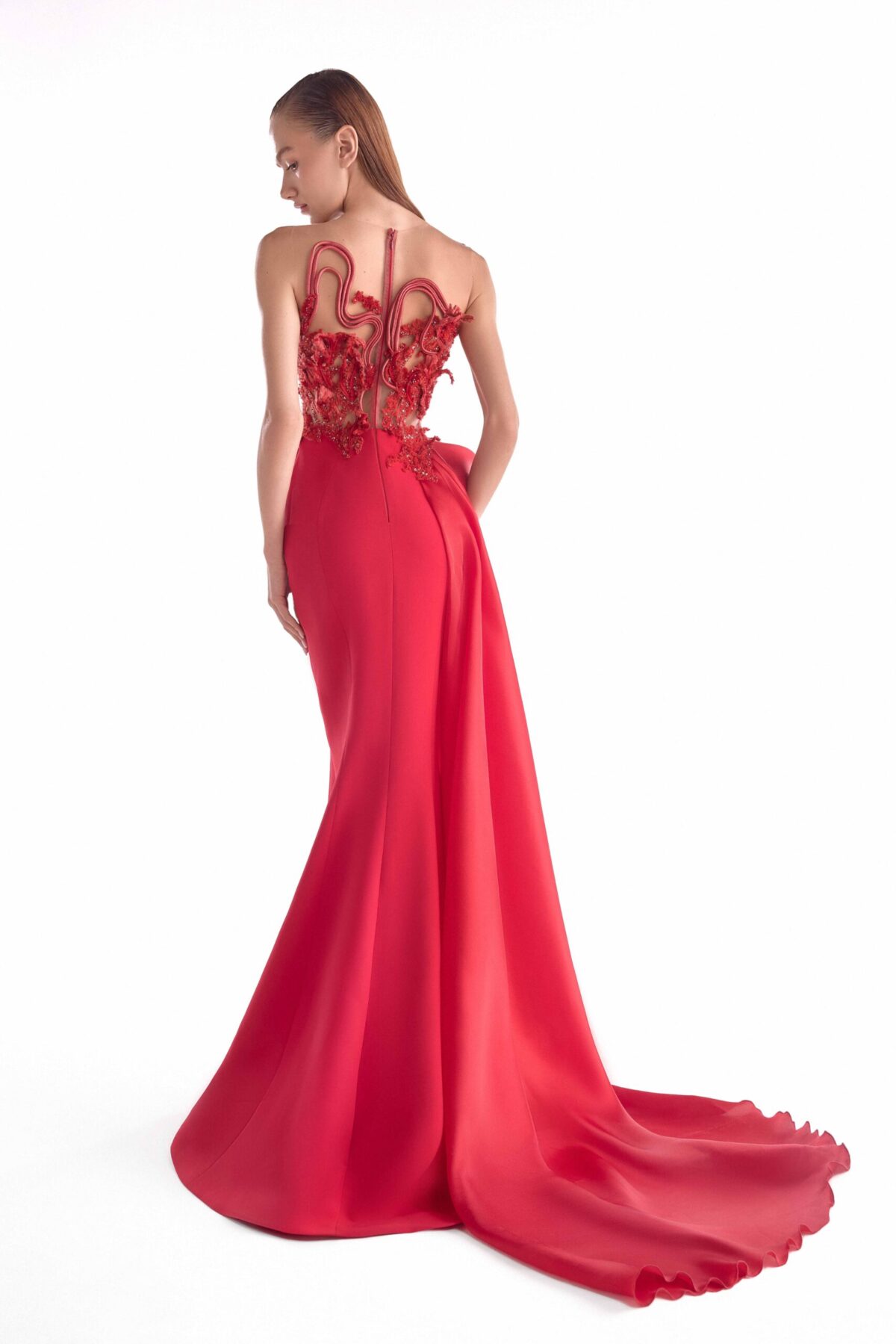Crimson Corded Reverie, Embroidered Illusion Bodice Mermaid Gown