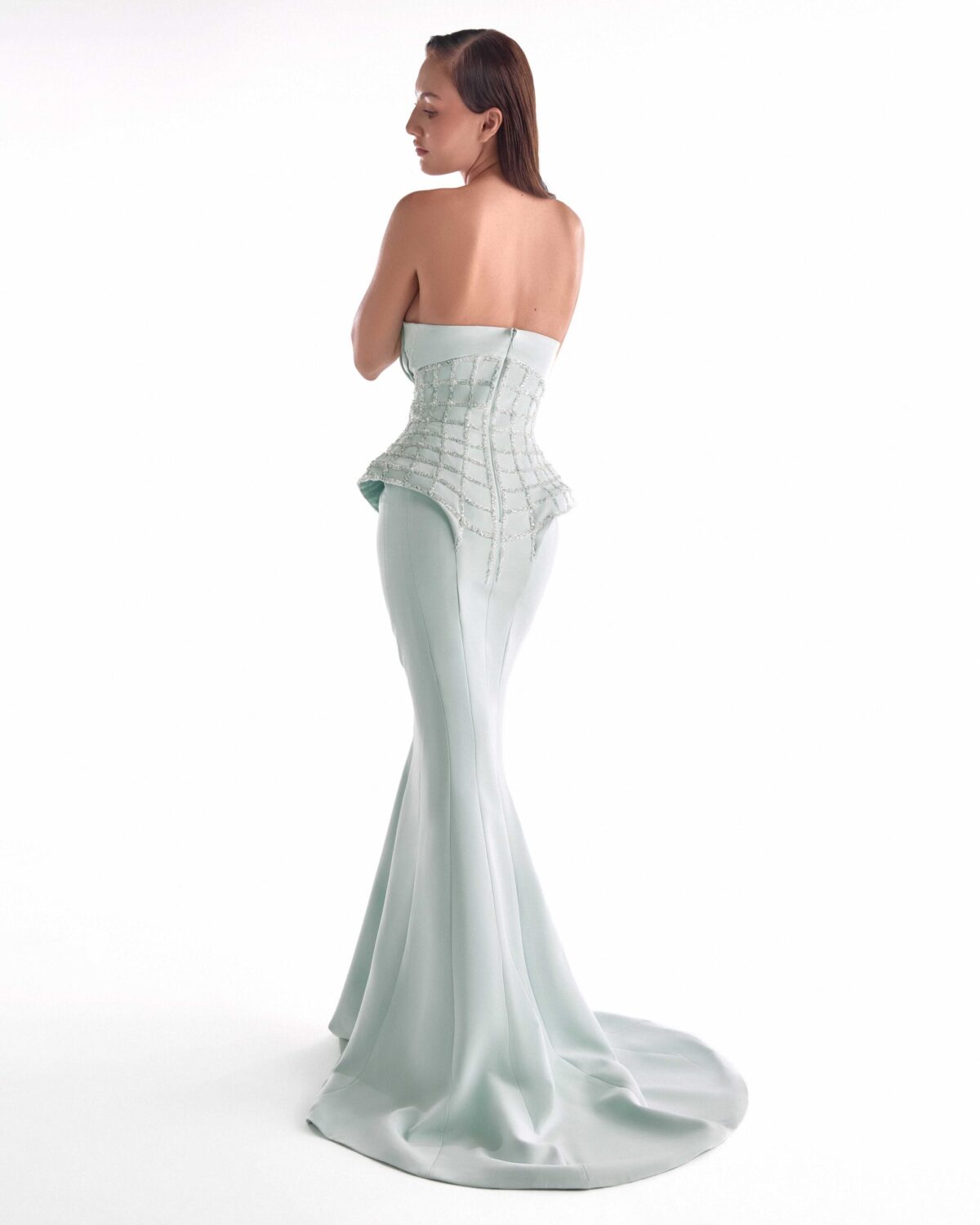 Sculpted Desire in a Mint Gown with Corset-Inspired Embroidery