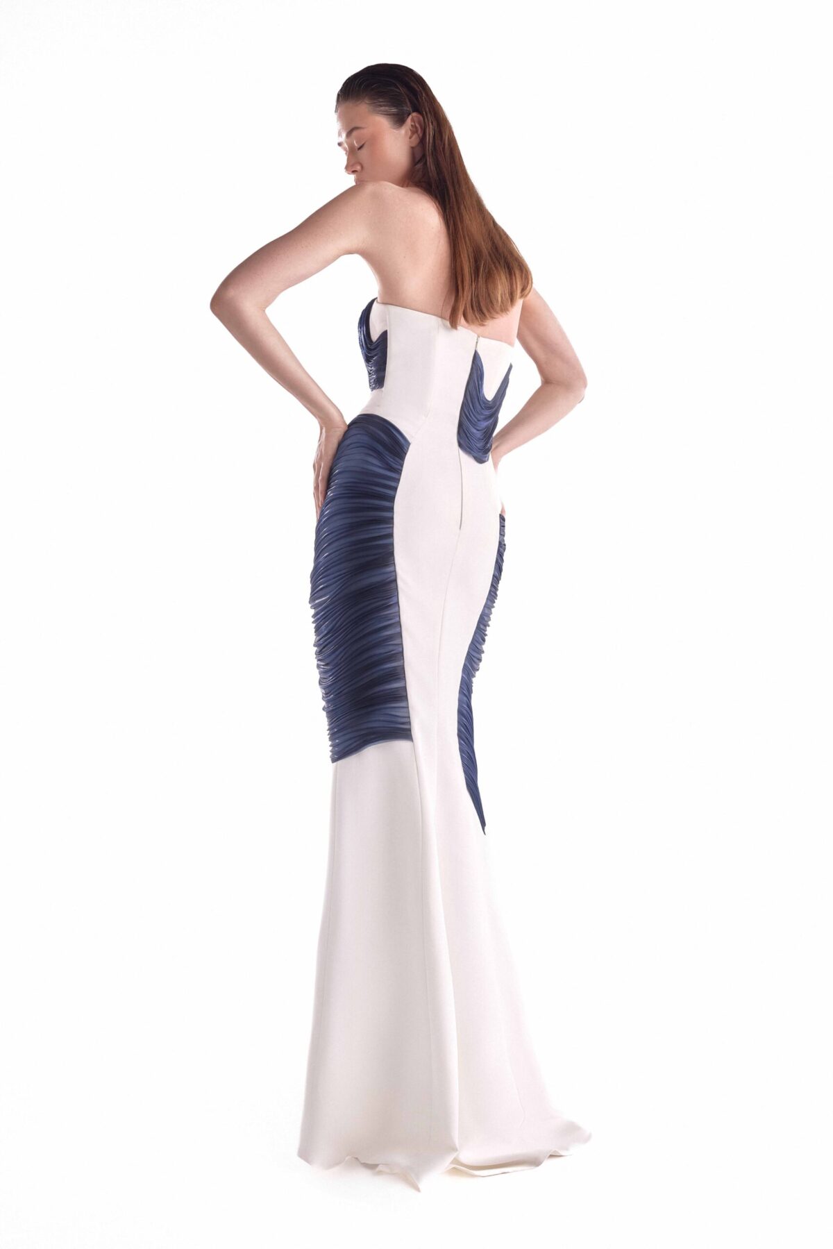 Ocean Etched Off-White Dress, with Royal Blue Fluid Organza Sculpture