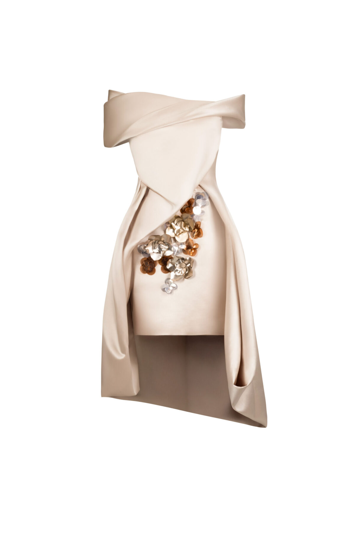 Champagne Razmir Satin Off-Shoulder Dress with Floral Embroidery