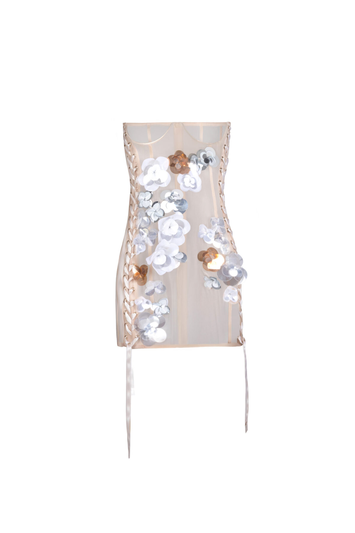 Sheer Champagne Corset with Metallic Floral Appliqués
