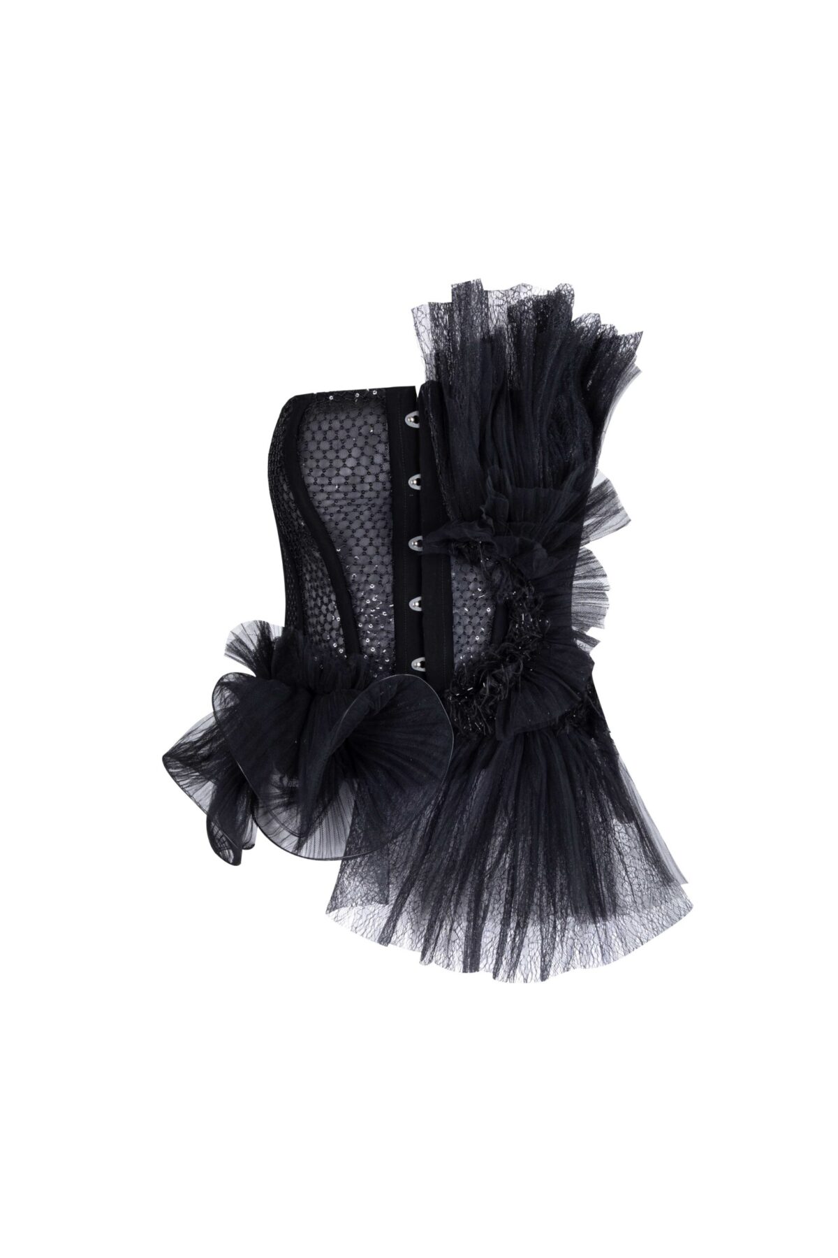 Sequined Corset with Tulle Plissé and Chantilly lace inserts