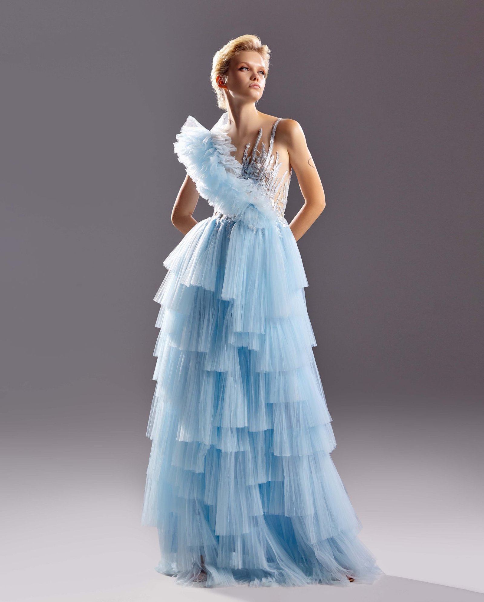 Floral Lace and Layered Tulle Blue Dress