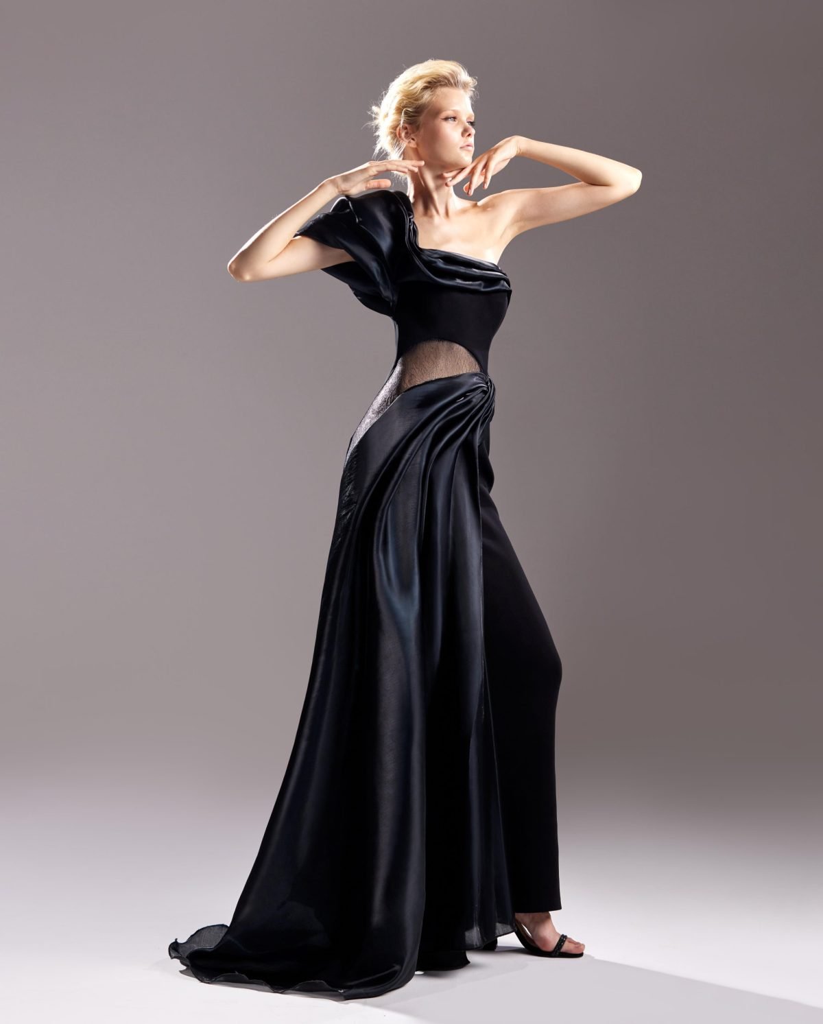 Dentelle Cut Outs with Organdie Drapery Black Dress