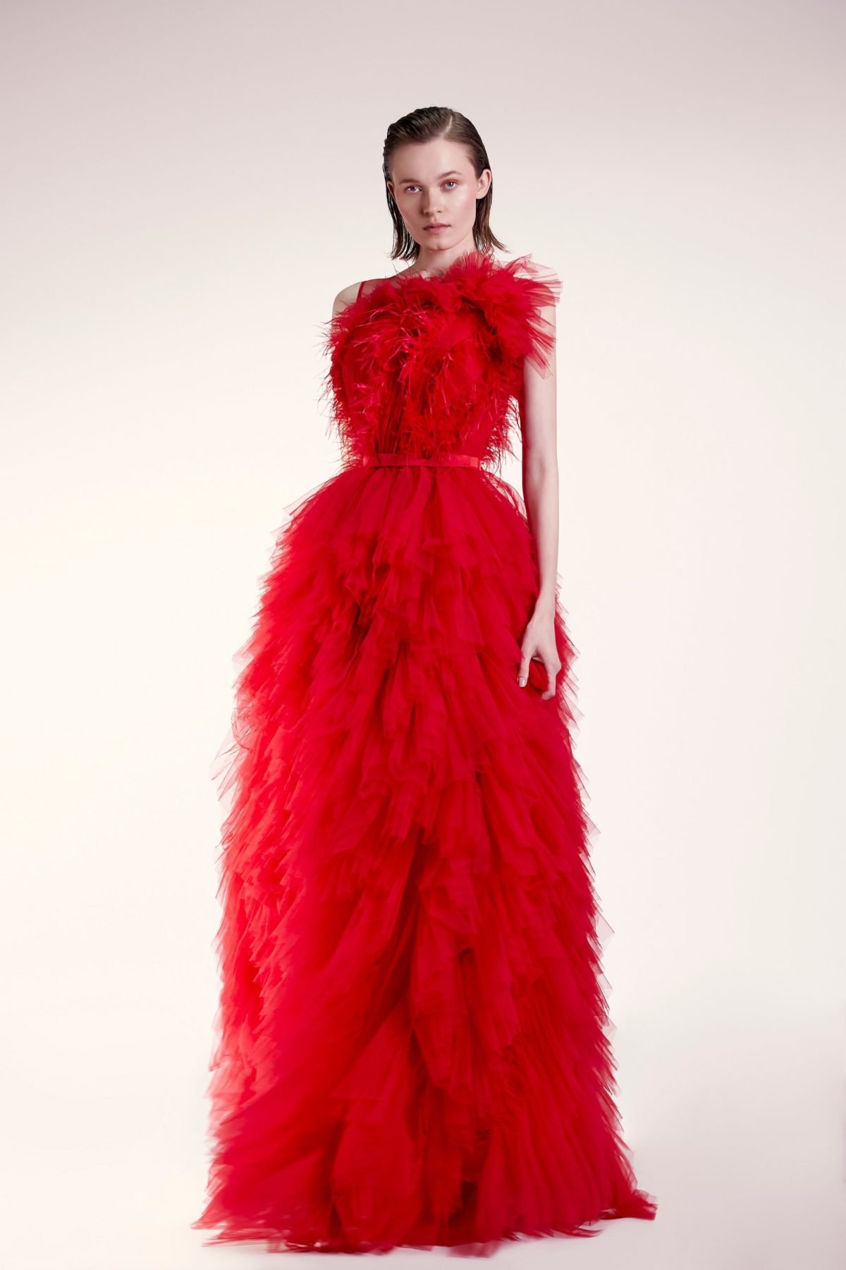Ruched and Feathered Red Dress