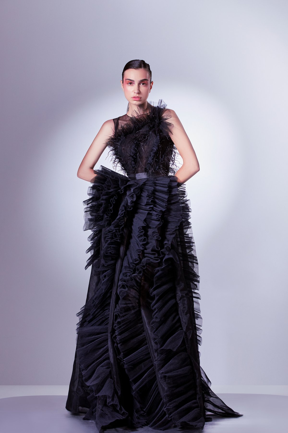 Pleated Tulle And Feathers Dress