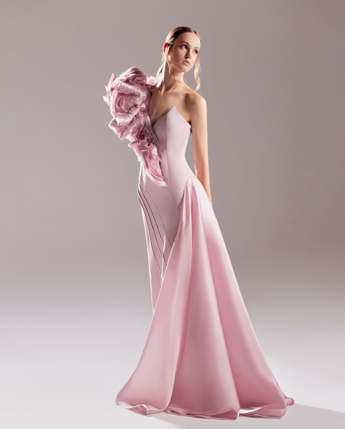 Blooming Shoulder Crepe Pink Dress