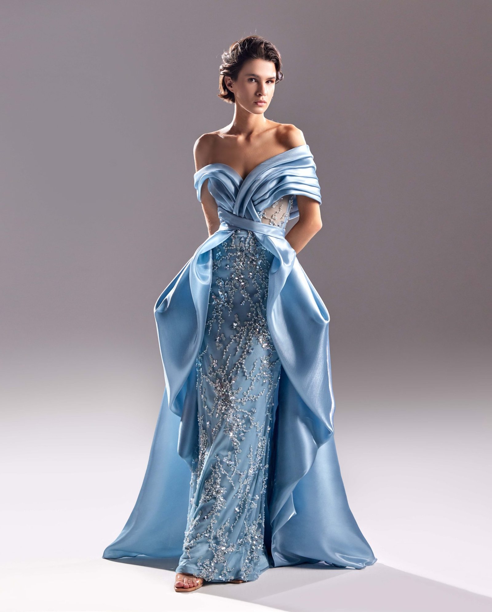 Sequined Lace and Organdie Fountain Blue Dress